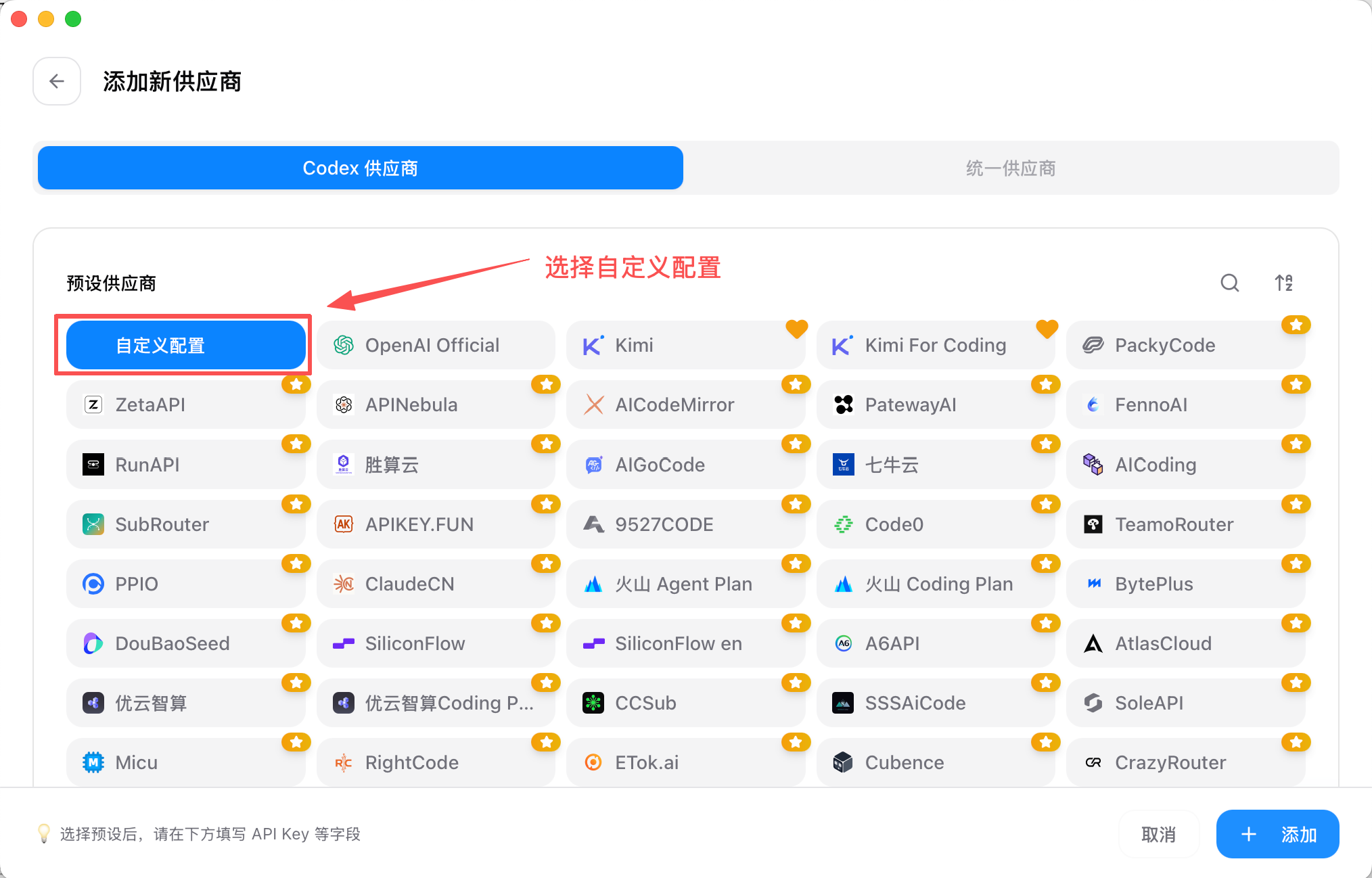 CC-Switch 添加新供应商页面选择自定义配置